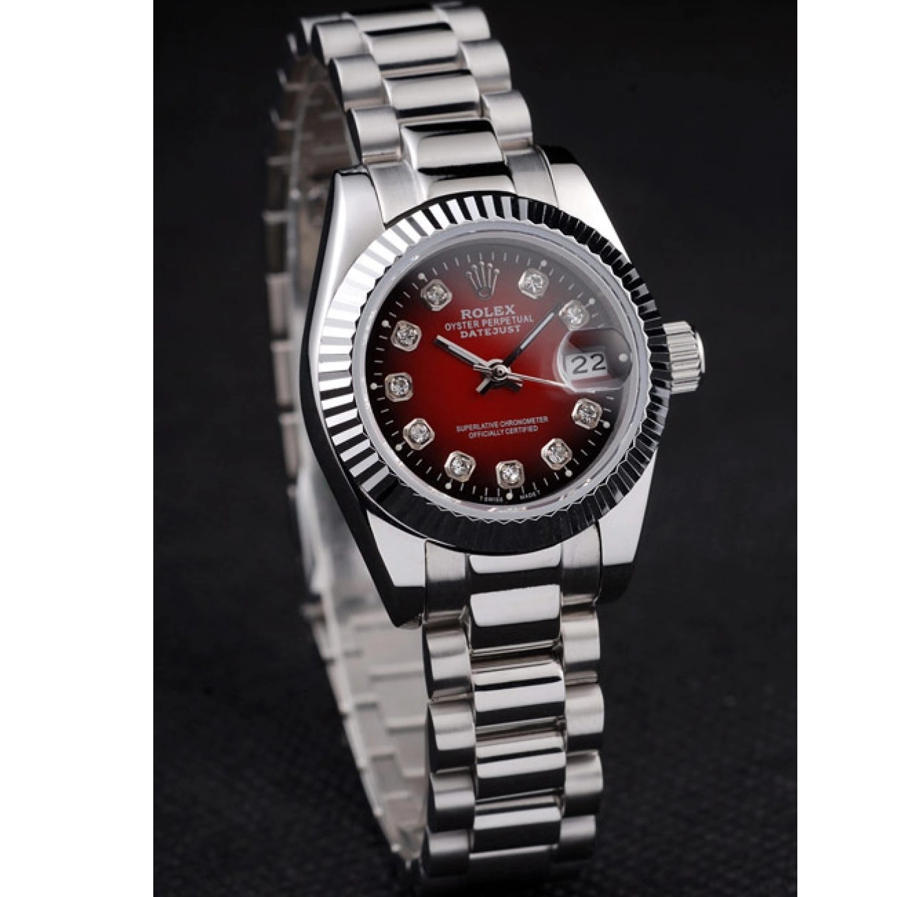 Aaa replica watch Rolex Polished Stainless Steel Red Dial Two Datejust Tone 0721